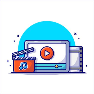 Play Button ve Note of Music Cartoon Vector Illustration ile canlı müzik videosu. Teknoloji Sanatı Simgesi İzole Edilmiş Premium Vektörü. Düz Çizgi Film Biçimi