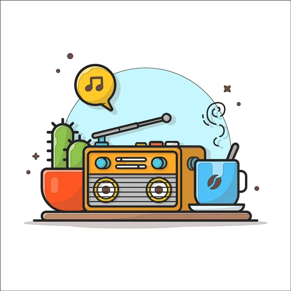 Altes Radio Mit Kaffee Kaktuspflanze Noten Und Musik Cartoon Vector — Stockvektor