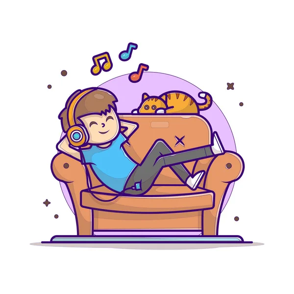 Happy Boy Listening Music Sofa Cute Cat Tune Notes Music — Stock Vector