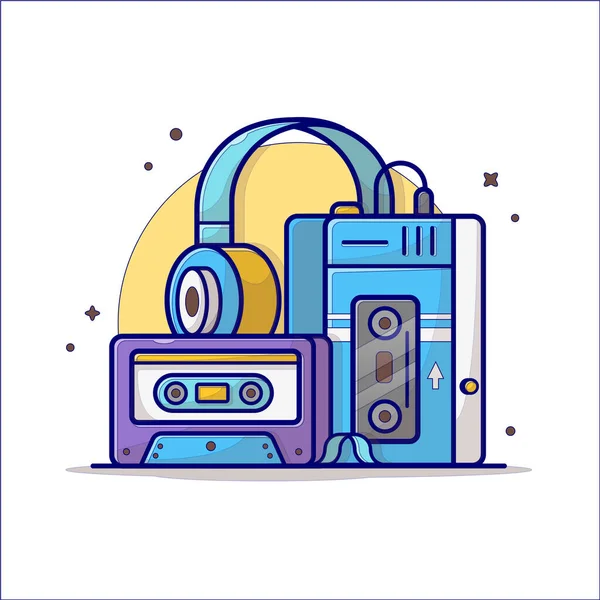 Old Music Player Cassette Headphone Music Cartoon Vector Icon Illustration — 스톡 벡터