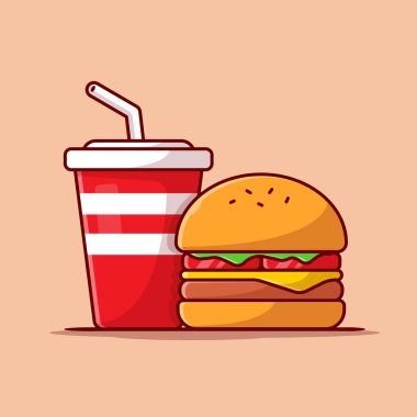 Burger ve Soda Karikatür Vektör Simgesi İllüstrasyonu. Gıda ve İçecek Simgesi İzole edilmiş Premium Vektörü. Düz Çizgi Film Biçimi