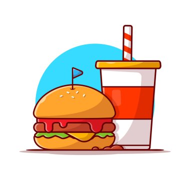 Burger ve Soda Karikatür Vektör Simgesi İllüstrasyonu. Gıda ve İçecek Simgesi İzole edilmiş Premium Vektörü. Düz Çizgi Film Biçimi