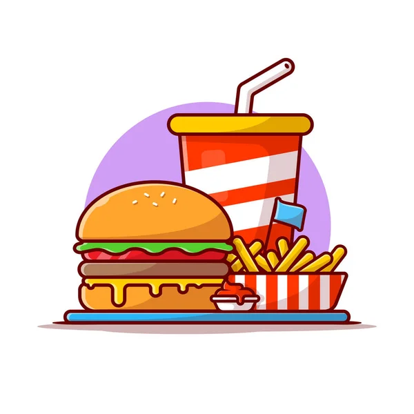 Burger French Fries Soda Cartoon Vector Icon Illustration 食物及饮品离子概念隔离溢价向量 平面卡通风格 — 图库矢量图片