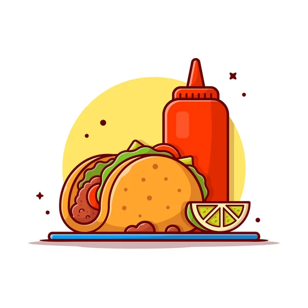 墨西哥塔科食品与柠檬水和Ketchup卡通病媒图标说明 食物及饮品离子概念隔离溢价向量 平面卡通风格 — 图库矢量图片