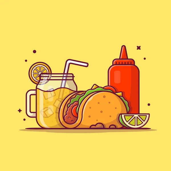Taco Mexican Food Mit Limonade Und Ketchup Cartoon Vector Icon — Stockvektor