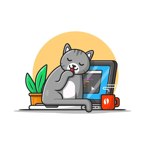 Nette Katze Mit Laptop Cartoon Vector Icon Illustration Animal Technology — Stockvektor