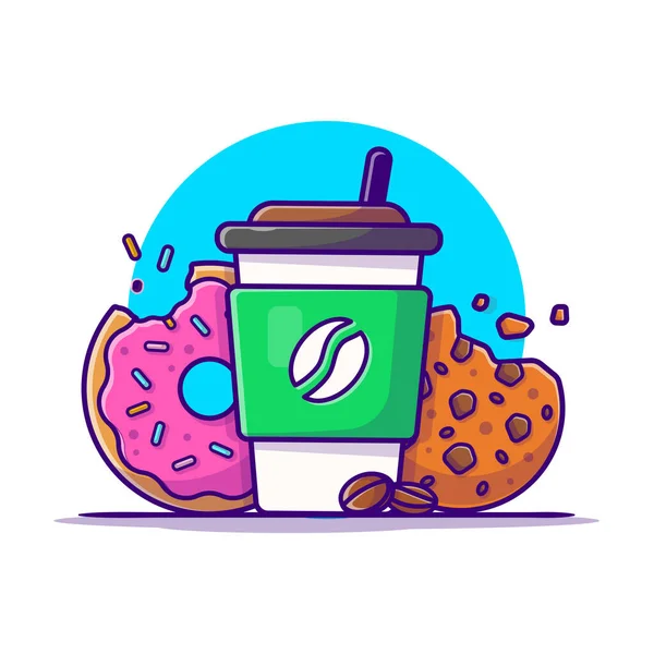 Taza Café Galletas Donuts Dibujos Animados Vector Icono Ilustración Comida — Vector de stock