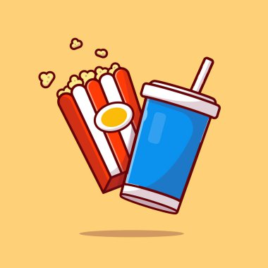 Patlamış Mısır ve Soda Karikatür Vektör Simgesi İllüstrasyonu. Gıda ve İçecek Simgesi İzole edilmiş Premium Vektörü. Düz Çizgi Film Biçimi