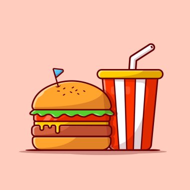 Burger ve Soda Karikatür Vektör Simgesi İllüstrasyonu. Gıda ve İçecek Simgesi İzole edilmiş Premium Vektörü. Düz Çizgi Film Biçimi