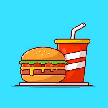 Burger ve Soda Karikatür Vektör Simgesi İllüstrasyonu. Gıda ve İçecek Simgesi İzole edilmiş Premium Vektörü. Düz Çizgi Film Biçimi