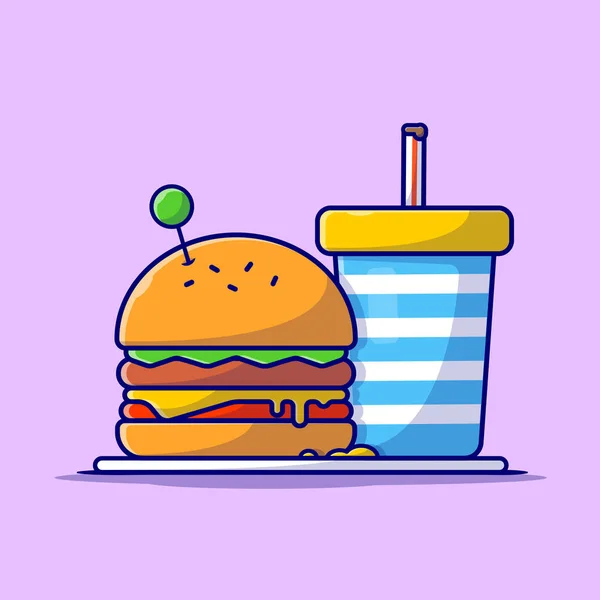 Burger和Soda卡通矢量图标示例 食物及饮品离子概念隔离溢价向量 平面卡通风格 — 图库矢量图片