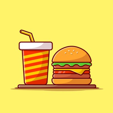 Burger ve Soda Karikatür Vektör Simgesi İllüstrasyonu. Gıda ve İçecek Simgesi İzole edilmiş Premium Vektörü. Düz Çizgi Film Biçimi