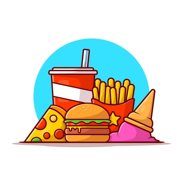 バーガー フレンチフライドポテト ソーダ ピザとアイスクリームコーン漫画のイラスト 食品オブジェクトアイコンコンは プレミアムベクターを隔離しました フラット漫画スタイル — ストックベクタ