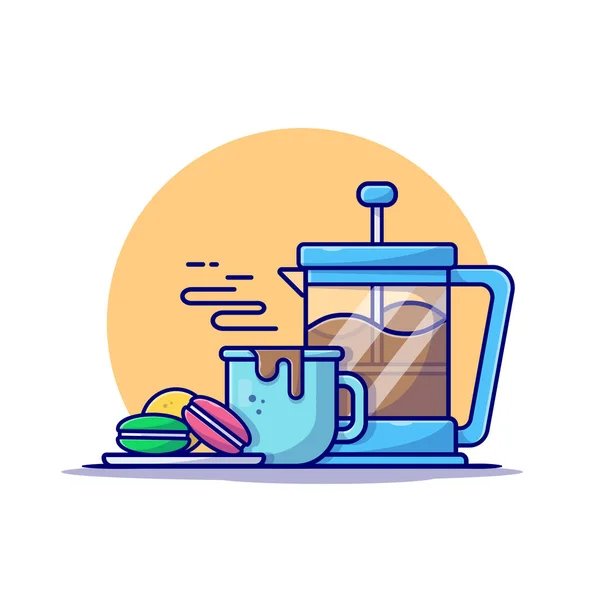 Café Quente Com Bule Macaroon Cartoon Vector Icon Ilustração Conceito — Vetor de Stock