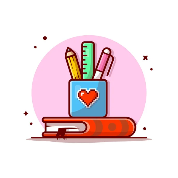 Cetvel, Kalem, Kalem ve Kitap Çizgi Filmi Vektör Simgesi İllüstrasyonlu Kırtasiye. Eğitim Objesi Simgesi İzole edilmiş Premium Vektörü. Düz Çizgi Film Biçimi