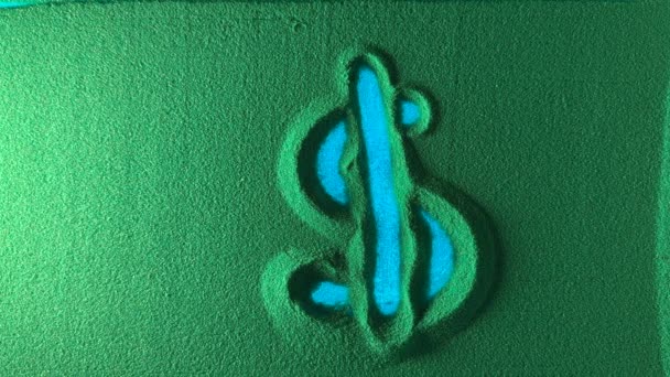 Χέρι Σχέδιο Δολάριο Σύμβολο Νόμισμα Στην Πράσινη Άμμο Και Στη — Αρχείο Βίντεο
