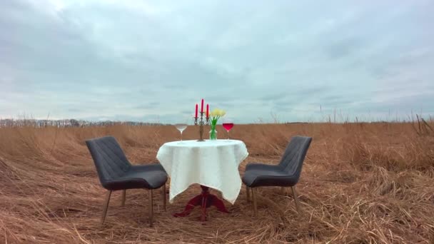 Ρομαντικό Ραντεβού Στη Φύση Εστιατόριο Στο Χωράφι Δείπνο Στην Άγρια — Αρχείο Βίντεο