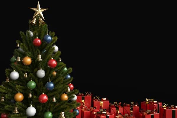 Veselé Vánoce Černé Pozadí Koule Zvony Visící Větvích Stromů Dárkový — Stock fotografie