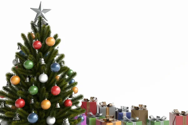 Vrolijk Kerstconcept Witte Achtergrond Ballen Klokken Hangend Aan Boomtakken Cadeauverpakking — Stockfoto