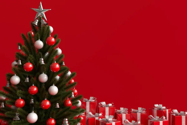Feliz Natal Conceito Fundo Vermelho Bolas Sinos Pendurados Galhos Árvores — Fotografia de Stock