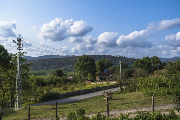 穿过村庄的电线和电线杆 土耳其的一个村庄 山上覆盖着绿林 乌云密布的蓝天和有绿色花园的房子 — 图库照片