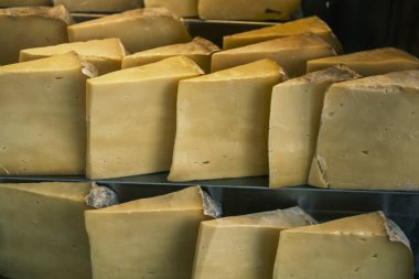 Traditional Old Sliced Turkish Kars Old cheddar cheese and cheese blocks are for sale on merchant. Kashar at Grand Bazaar Istanbul