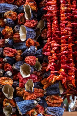 Dried Eggplants, Peppers, Tomatoes and Others Hanging on a String at the grand Bazaar Istanbul Turkey