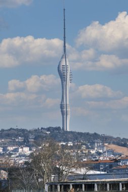 Supertall Kucuk Camlica TV Radio Tower in Istanbul. Telecommunications tower with observation decks and restaurants. Its top is the highest point above sea level in Istanbul. Cloudy open Sky.