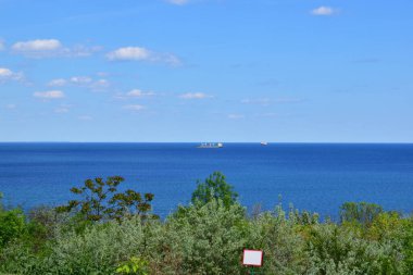 Yeşil çayır ve mavi deniz. Güneşli bir yaz günü, deniz manzarası. Uçurumun kenarındaki yeşil tarlaların güzel bir görüntüsü, arka planda bir gemi var. Yaz tatili. Sahil, turizm, seyahat, dinlenme, tatil