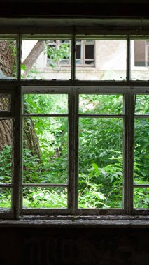 Eski ahşap çerçeveli kırık cam pencere. Eski pencere. Kırık camlar. Eski ev, retro. Kırık pencere çerçevesi. Çatlak eski boya, cam parçaları. Yakın çekim, mesaj için yer. Korku, cadılar bayramı