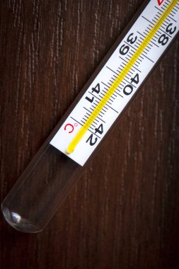 Sıcaklığı 36.6 derece olan cıva bir termometre, ahşap, parlak kahverengi bir masa üzerinde uzanır.