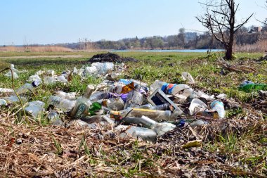 Kyiv, Ukrayna, 02.04.2017. Nehir kıyısındaki çöp yığınları, doğaya rastgele atılanlar. Plastik torba ve şişeler, kirli çimenlerdeki çöpler, doğa manzarası. İnsan kirliliği ekolojisi. Yazı