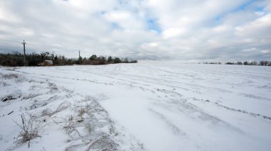 Tarlada kar var, Frost. Muhteşem kış manzarası. Güzellik dünyası. Kış soğuk mevsimi. Çok fazla kar var. Karla kaplanmış açık arazi manzarası. Kışın huzuru. Ukrayna, Avrupa. Yılın zamanı