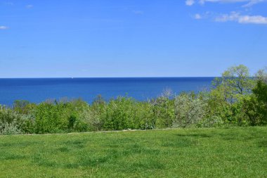 Yeşil çayır ve mavi deniz. Güneşli bir yaz günü, deniz manzarası. Uçurumun kenarındaki yeşil tarlaların güzel bir görüntüsü, arka planda bir gemi var. Yaz tatili. Sahil, turizm, seyahat, dinlenme, tatil