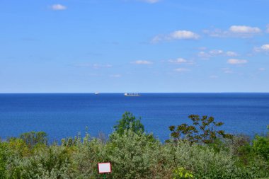 Deniz manzaralı mavi deniz manzaralı, güneşli bir gün. Kıyı şeridindeki yeşil çimenler, eğlence konsepti, turizm, tatil. Saf deniz suyu. Karadeniz. İmza, logo için yer