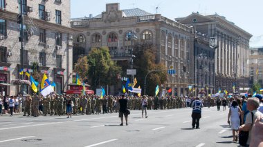 Kyiv, Ukraine, 24.08.2021. veterans of Russian-Ukrainian war, volunteers and relatives of soldiers. parade on the square. march, military in uniform. patriots on the Maidan. editorial clipart