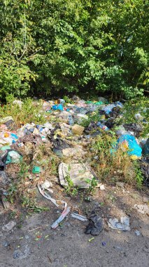Kyiv, Ukrayna, 19.08.2024. Ormanda çöp yığınları, doğaya rastgele atılanlar. Pis kokulu hurda, plastik torba ve şişeler, doğanın kirli otlarının içindeki çöpler. Ekoloji. Yazı