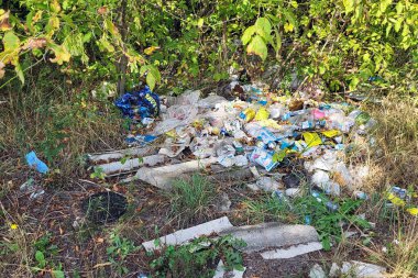 Kyiv, Ukrayna, 19.08.2024. Ormanda çöp yığınları, doğaya rastgele atılanlar. Pis kokulu hurda, plastik torba ve şişeler, doğanın kirli otlarının içindeki çöpler. Ekoloji. Yazı