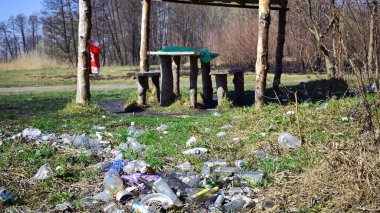 Kyiv, Ukrayna, 02.04.2017. Nehir kıyısındaki çöp yığınları, doğaya rastgele atılanlar. Plastik torba ve şişeler, kirli çimenlerdeki çöpler, doğa manzarası. İnsan kirliliği ekolojisi. Yazı