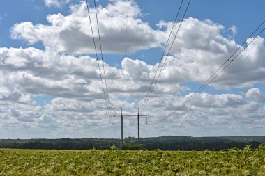 Güneşli bir günde mavi gökyüzü arka planında yüksek voltajlı elektrik hattı. Kablolar, elektrik sorunları, güç iletimi. Kablo destekleri ve izolatörlerin elektrik hattı inşaatı. karartma, kriz
