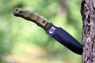 Savaş bıçağı. Bıçak ağaca saplanacak. Azov amblemi. Siyah bıçak. Taktiksel cephane. Ukrayna Stormtrooper bıçağı. çelik kollar. Keskin bıçak, yakın plan. Ukrayna, Kyiv. Yazı