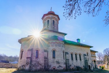 Old stone church. Background with selective focus and copy space for text