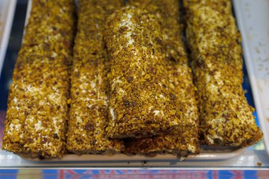 Türk tatlıları, seçici odaklanma. Metin için kopyalama alanı olan arkaplan