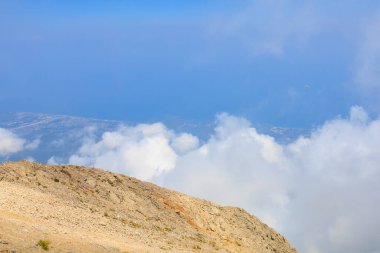 Very beautiful view from the top of Mount Tahtali or Olympos of the Kemer district of Antalya province in Turkey. A popular tourist spot for sightseeing and skydiving. Background or landscape