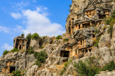 Lycian rock tombs of the necropolis in Demre, the former Kale in Turkey in the province of Antalya of the ancient city of Myra, one of the main centers of Lycia. Grandiose ancient ruins
