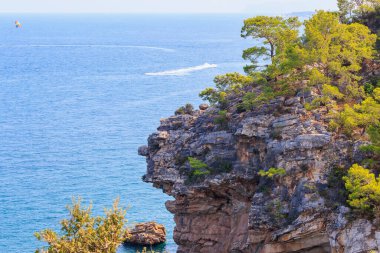 Deniz kıyısındaki kayalık uçurum. Seçici odaklı arkaplan ve metin için alanı kopyala
