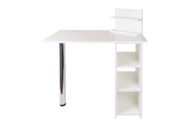 Açılmış durumdaki beyaz izole edilmiş arka planda rafı olan masa dönüştürücüsü. Katlanan beyaz mobilya.