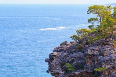 Deniz kıyısındaki kayalık uçurum. Seçici odaklı arkaplan ve metin için alanı kopyala