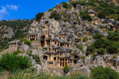 Lycian rock tombs of the necropolis in Demre, the former Kale in Turkey in the province of Antalya of the ancient city of Myra, one of the main centers of Lycia. Grandiose ancient ruins