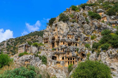 Lycian rock tombs of the necropolis in Demre, the former Kale in Turkey in the province of Antalya of the ancient city of Myra, one of the main centers of Lycia. Grandiose ancient ruins